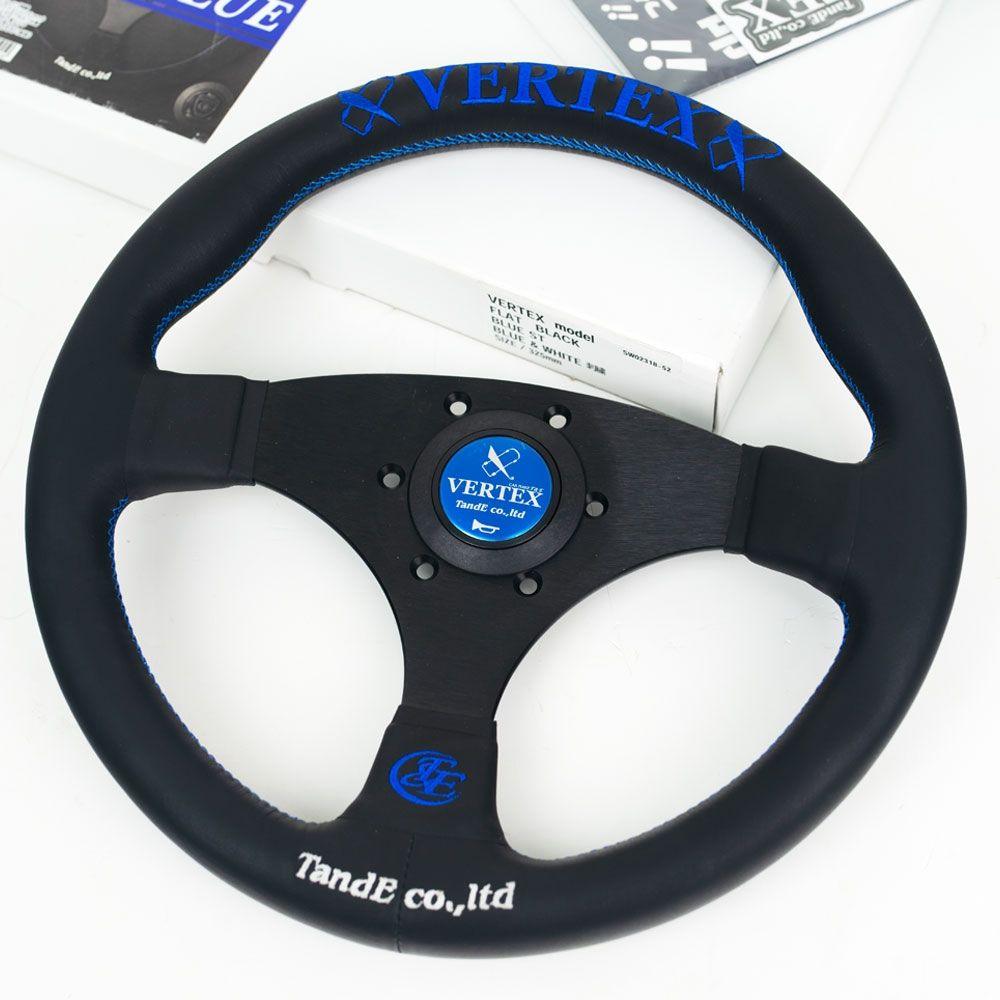 T&E Vertex JDM Leather Steering Wheel Flat Blue 320mm - CDMSPORT
