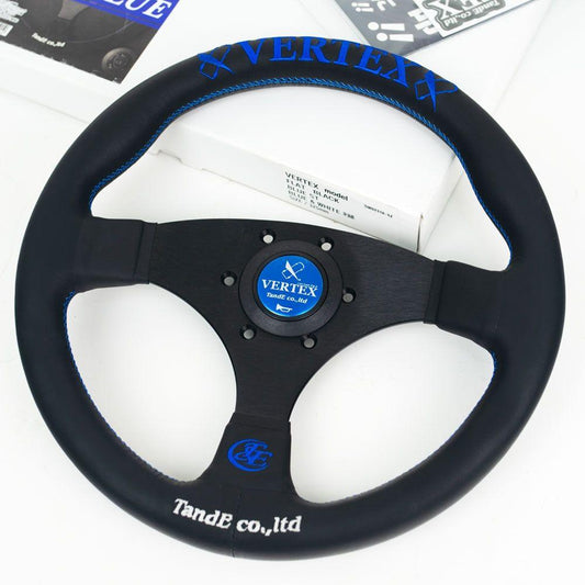 T&E Vertex JDM Leather Steering Wheel Flat Blue 320mm - CDMSPORT