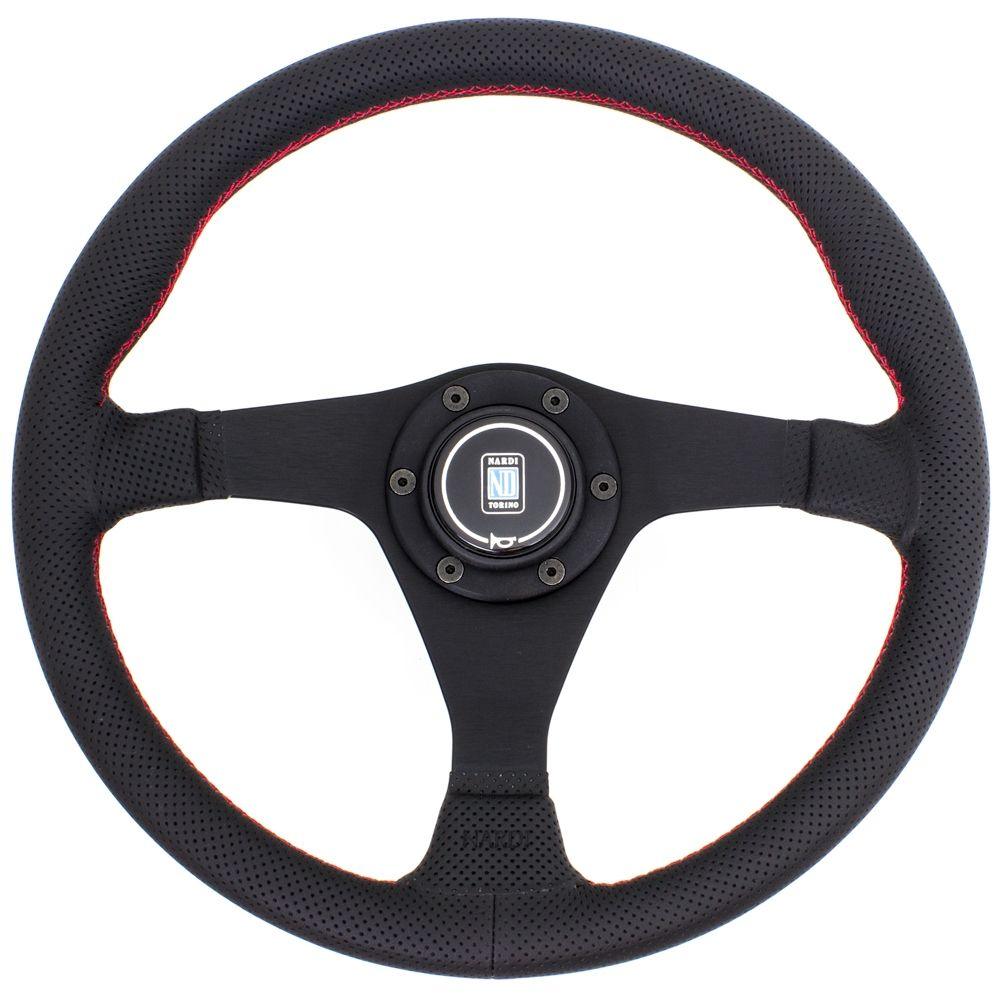 Nardi Gara Leather Steering Wheel Red Stitching Black Spokes 350mm - CDMSPORT