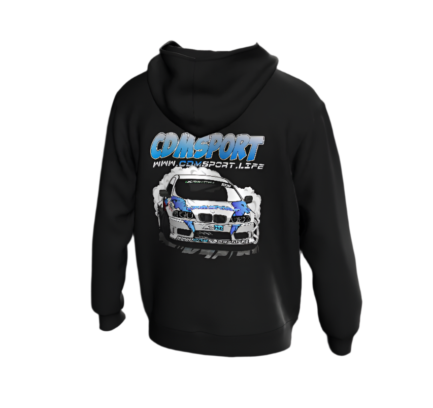 CDMSport V8 E46 Hoodie featuring a bold design inspired by the V8 BMW E46 drift car build, showcasing a custom graphic with drift elements. Perfect for car enthusiasts, showcasing speed, style, and the essence of drifting culture, Back Full