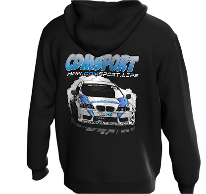 CDMSport V8 E46 Hoodie featuring a bold design inspired by the V8 BMW E46 drift car build, showcasing a custom graphic with drift elements. Perfect for car enthusiasts, showcasing speed, style, and the essence of drifting culture, Back