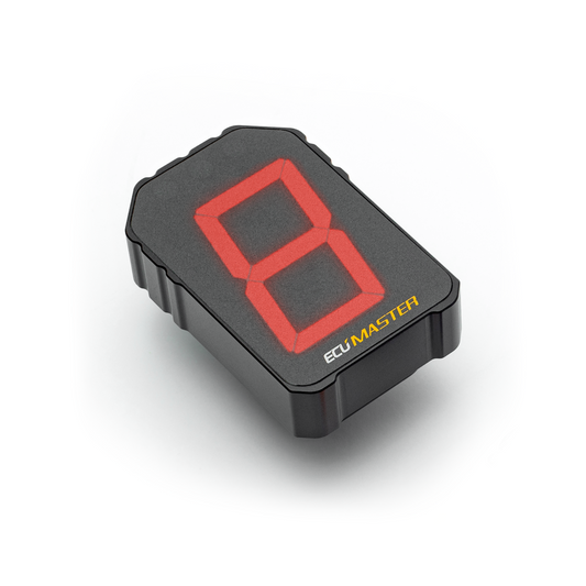 ECU Master Digital Gear Indicator with bright display and customizable RGB shift light, compatible with stock and aftermarket ECUs via CAN BUS, OBD2, or gearbox barrel sensor, designed for precise gear indication and performance tuning