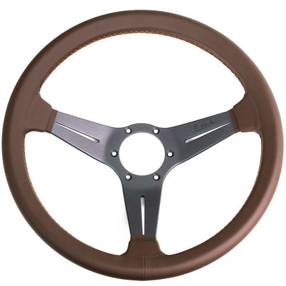 Nardi Deep Corn Revolution Leather Steering Wheel Brown Stitching Grey Spokes 350mm