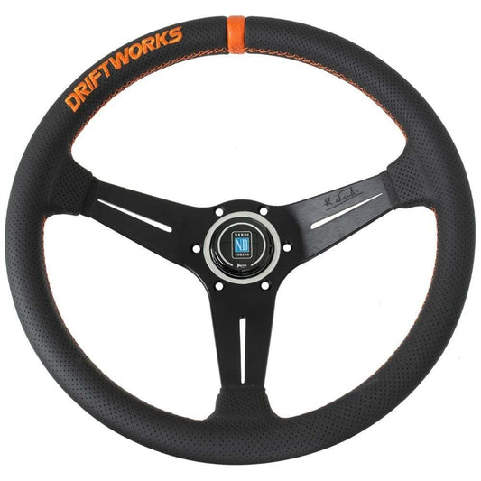 Nardi Deep Corn Driftworks Perforated Leather Steering Wheel Orange Stitching Black Spokes 350mm