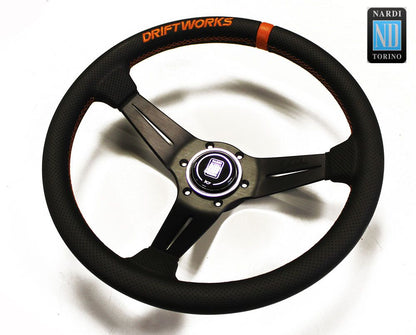 Nardi Deep Corn Driftworks Perforated Leather Steering Wheel Orange Stitching Black Spokes 350mm