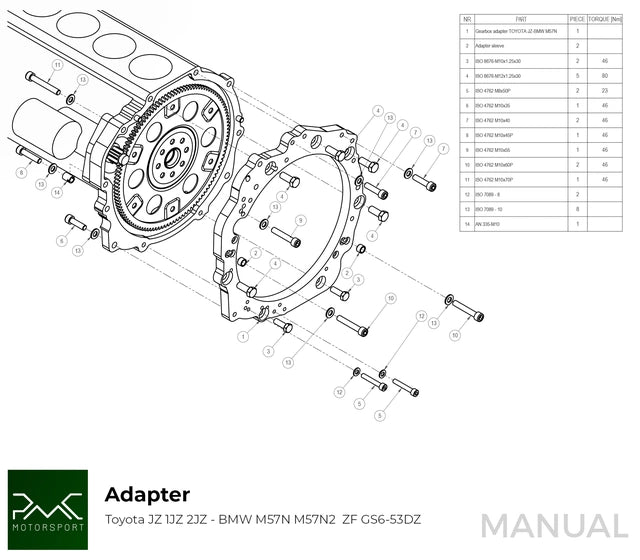 PMC Toyota 1JZ / 2JZ - BMW GS6 M57N HGU HGK Gearbox Adaptor Clutch Kit 184mm Twin Plate Clutch