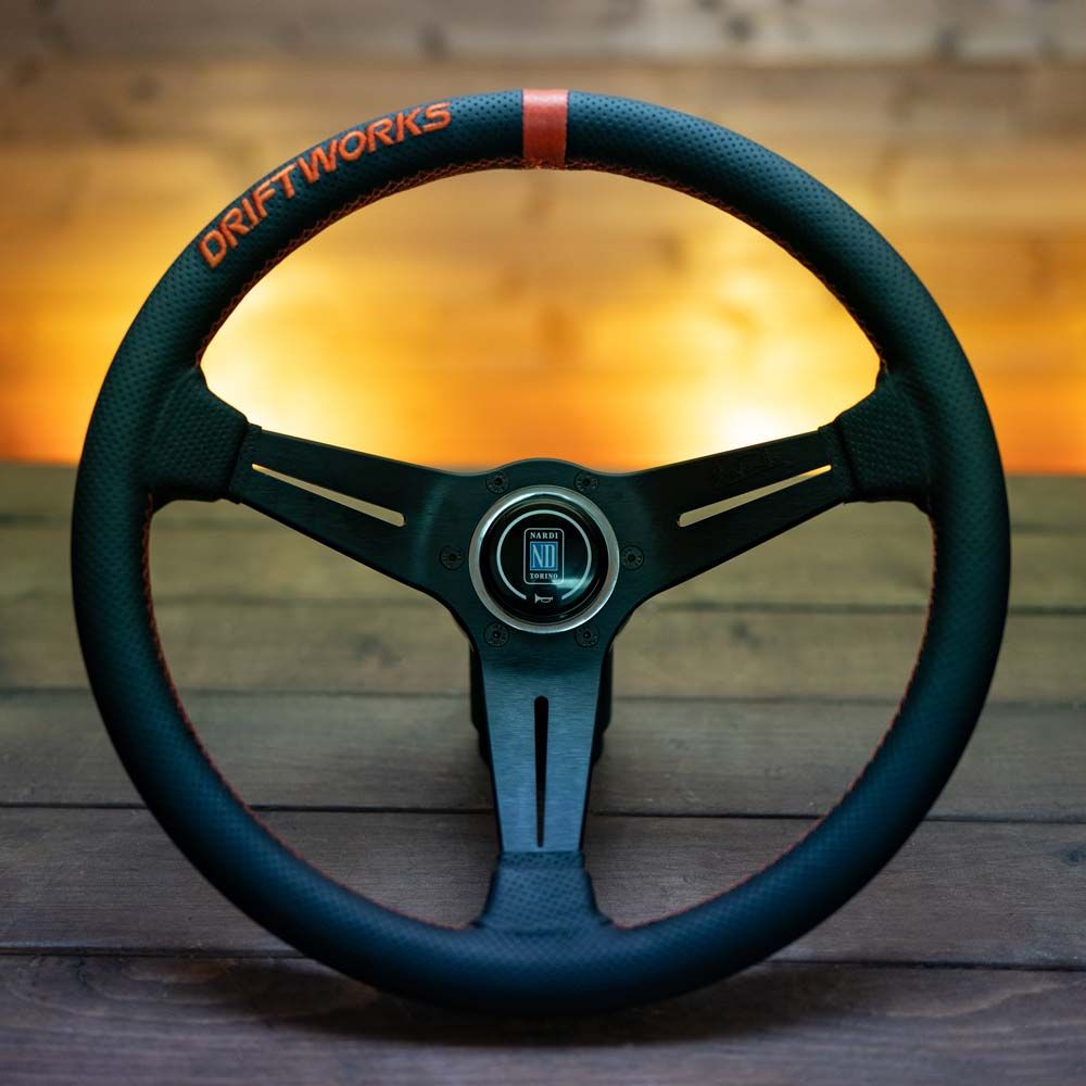 Nardi Deep Corn Driftworks Perforated Leather Steering Wheel Orange Stitching Black Spokes 350mm